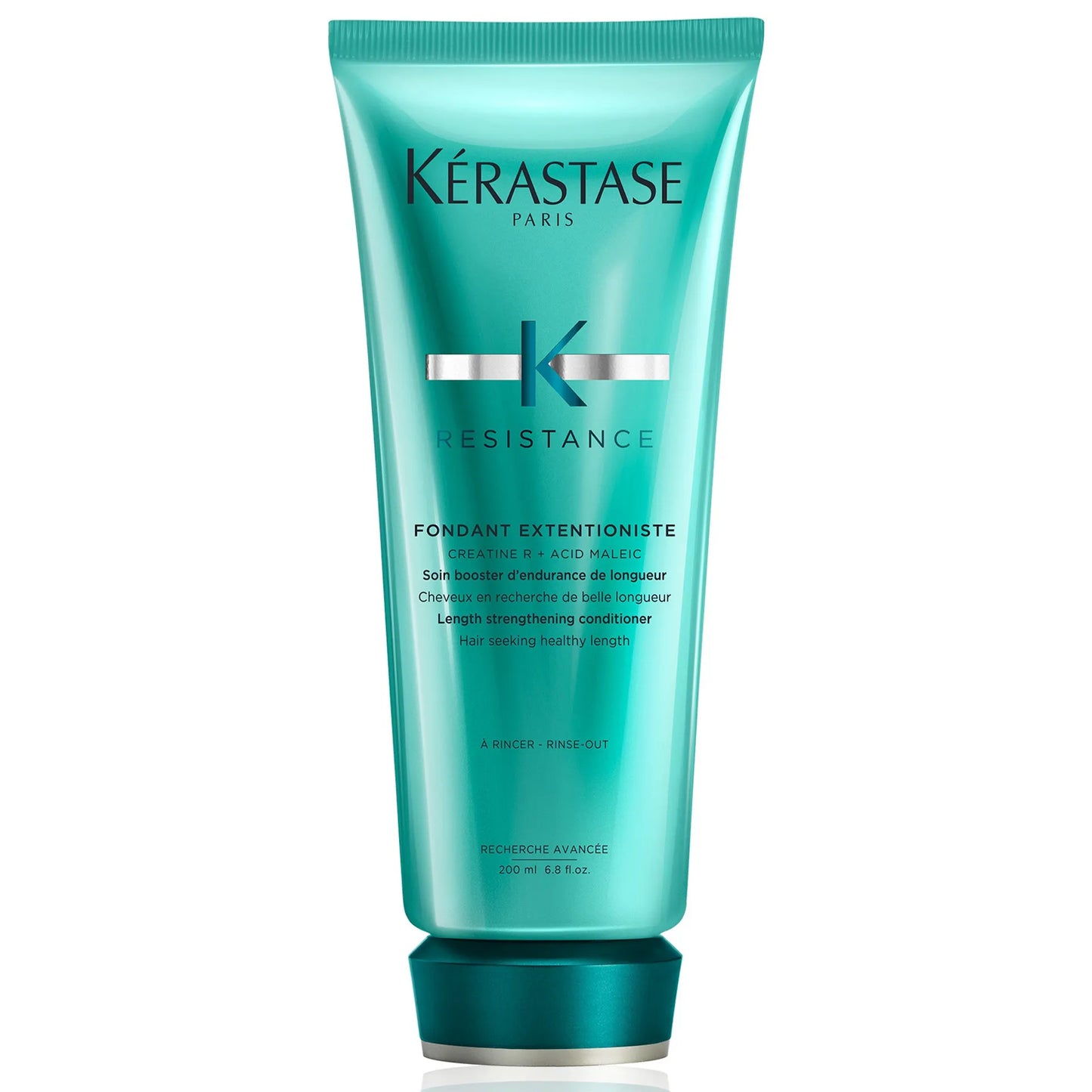 The Kerestase Resistance Extentioniste Fondant Extentioniste 200ml comes in a teal tube and features a length-strengthening conditioner formulated with creatine and malic acid. Designed to promote long, strong, and healthy hair, the bottle holds 200 ml or 6.8 fl. oz., making it an essential addition to your hair care routine.