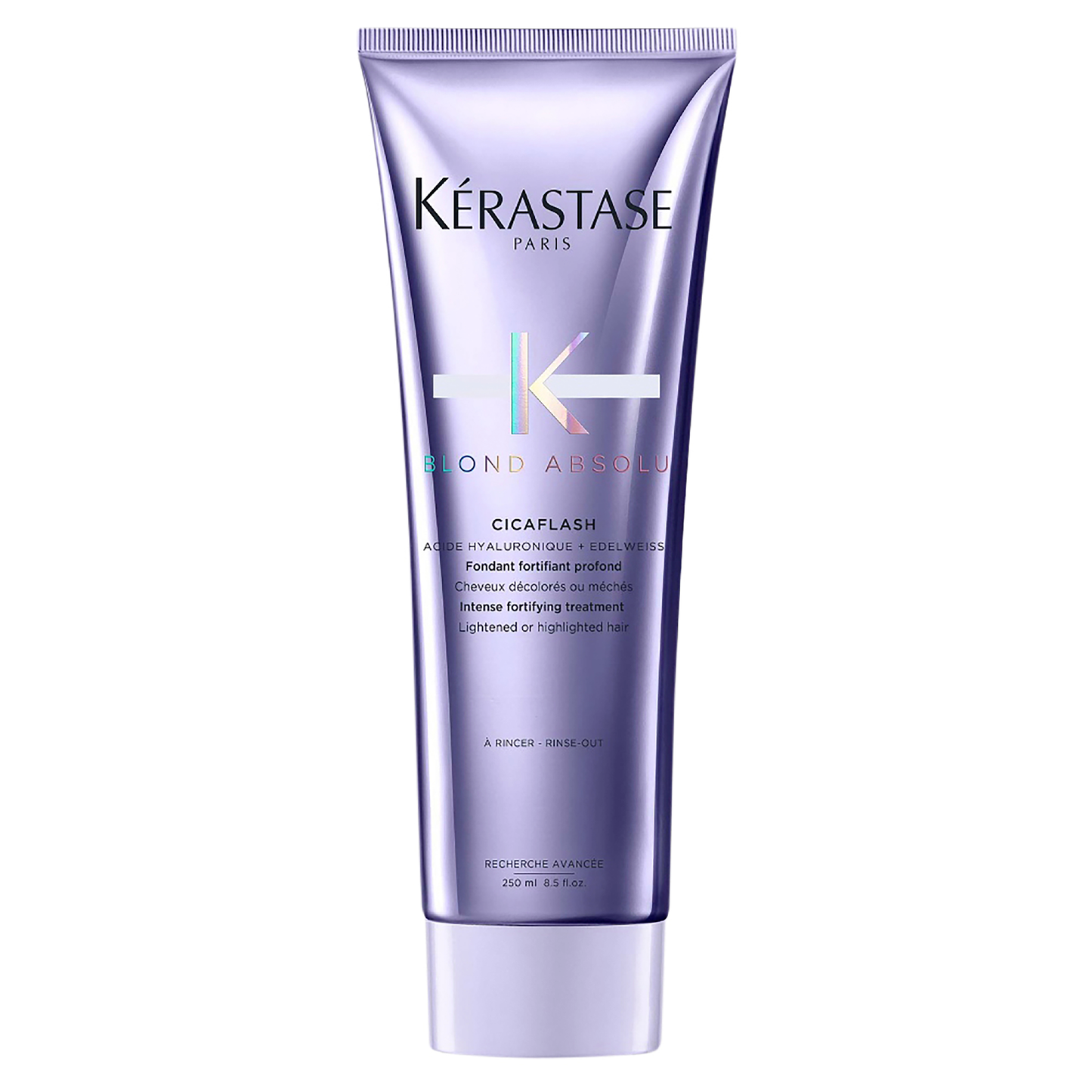 A metallic purple tube of Kerestase Blond Absolu Cicaflash Fondant 250ml conditioner for blonde hair, featuring branding and product details on the front. The container holds 250 ml or 8.5 fl. oz.