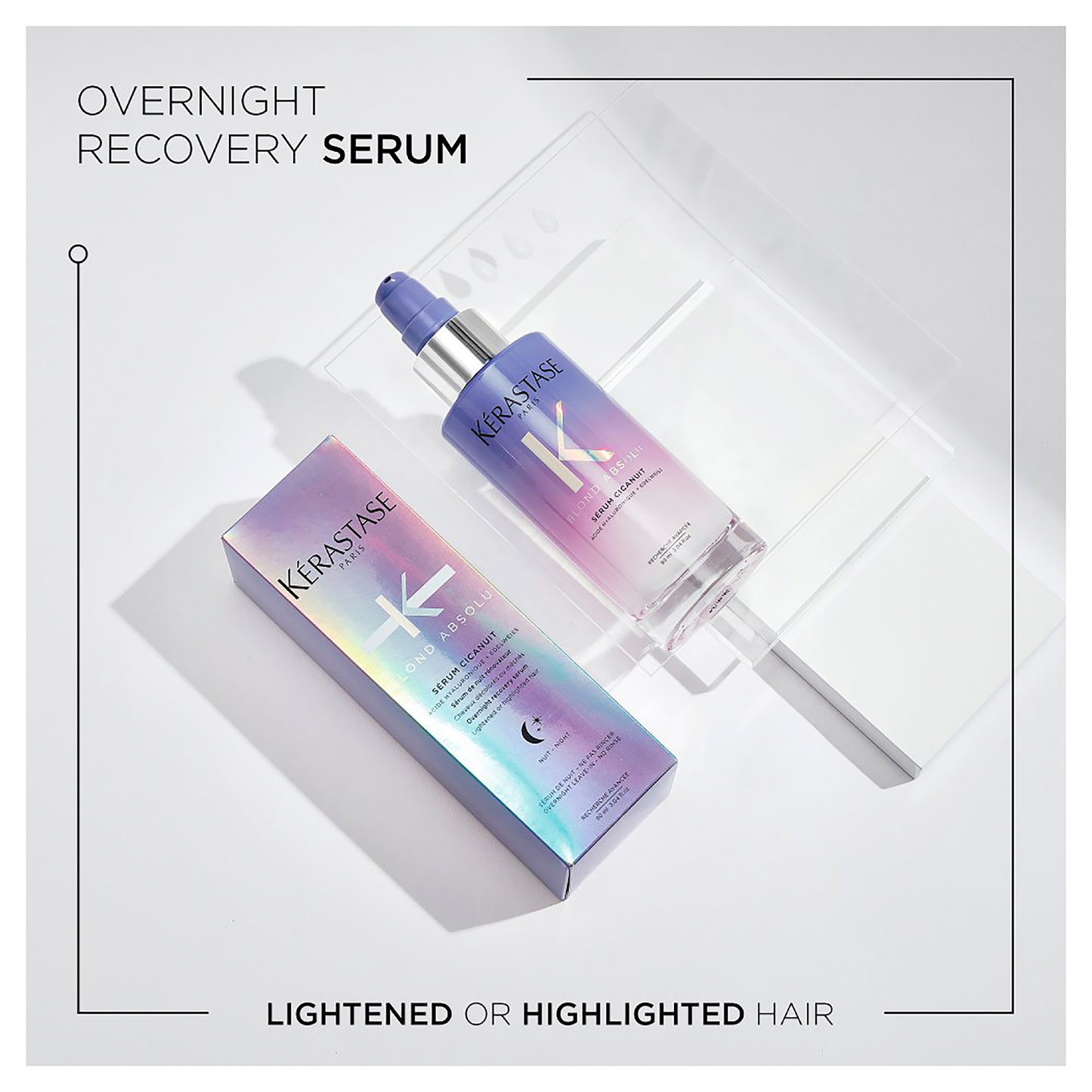 A bottle of Blond Absolu Cicanuit - Night Serum 90ml by Kerestase is elegantly placed on a white surface, showcasing an iridescent gradient design. The label "Overnight Recovery Serum" promises rejuvenation for lightened or highlighted hair, ensuring your locks remain vibrant and nourished.
