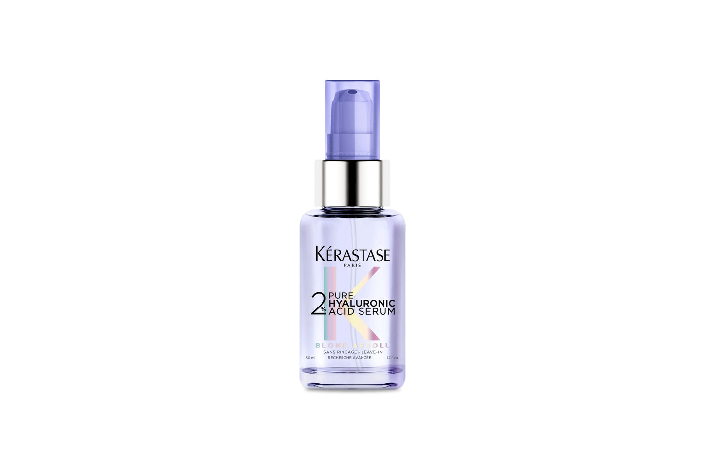 A transparent bottle titled "Kerestase Blond Absolu Hyaluronic Acid Serum 50ml" with a lavender hue and a silver cap is prominently displayed against a white background, highlighting its beneficial skincare properties for blonde hair.