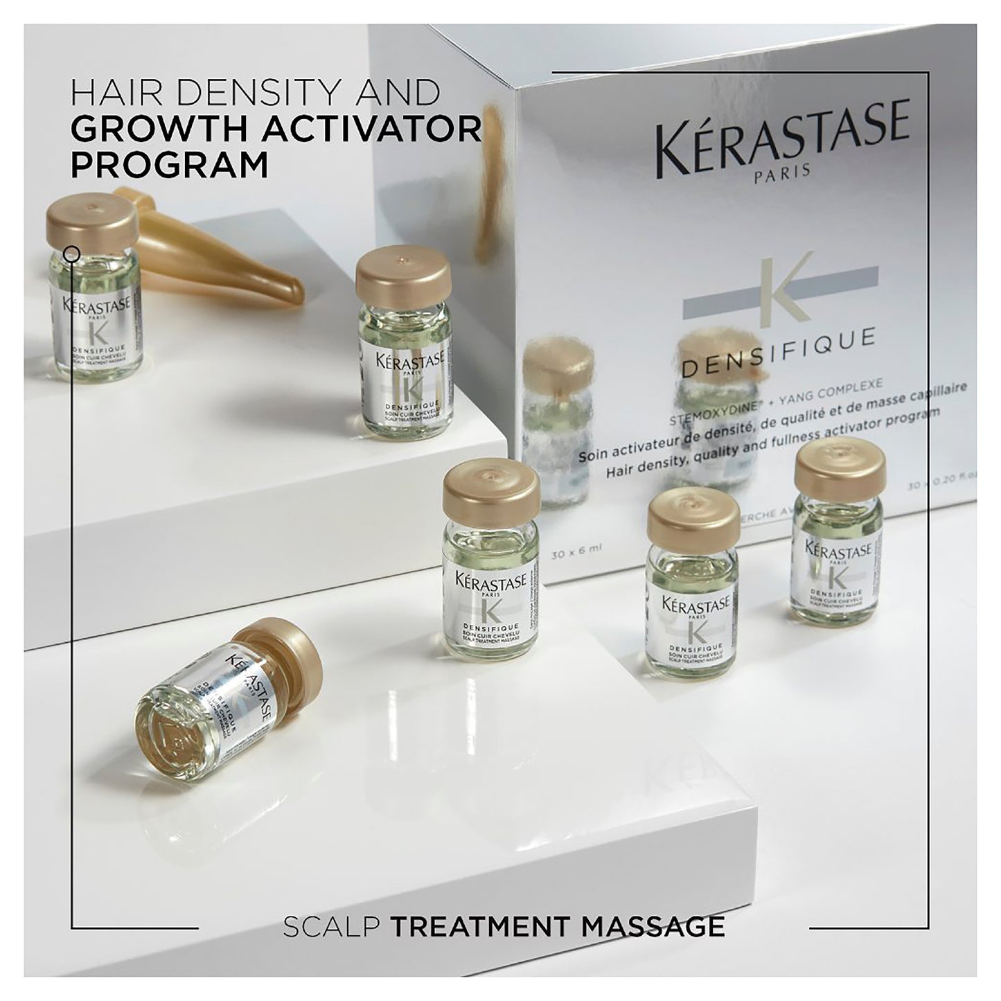 The image features a Kerestase Densifique Cures Femme 30x6ml set, showcasing elegant glass vials with gold caps and packaging labeled "Hair Density and Growth Activator Program." Perfect for scalp treatment massage, this transformative set is designed to rejuvenate your hair care routine.