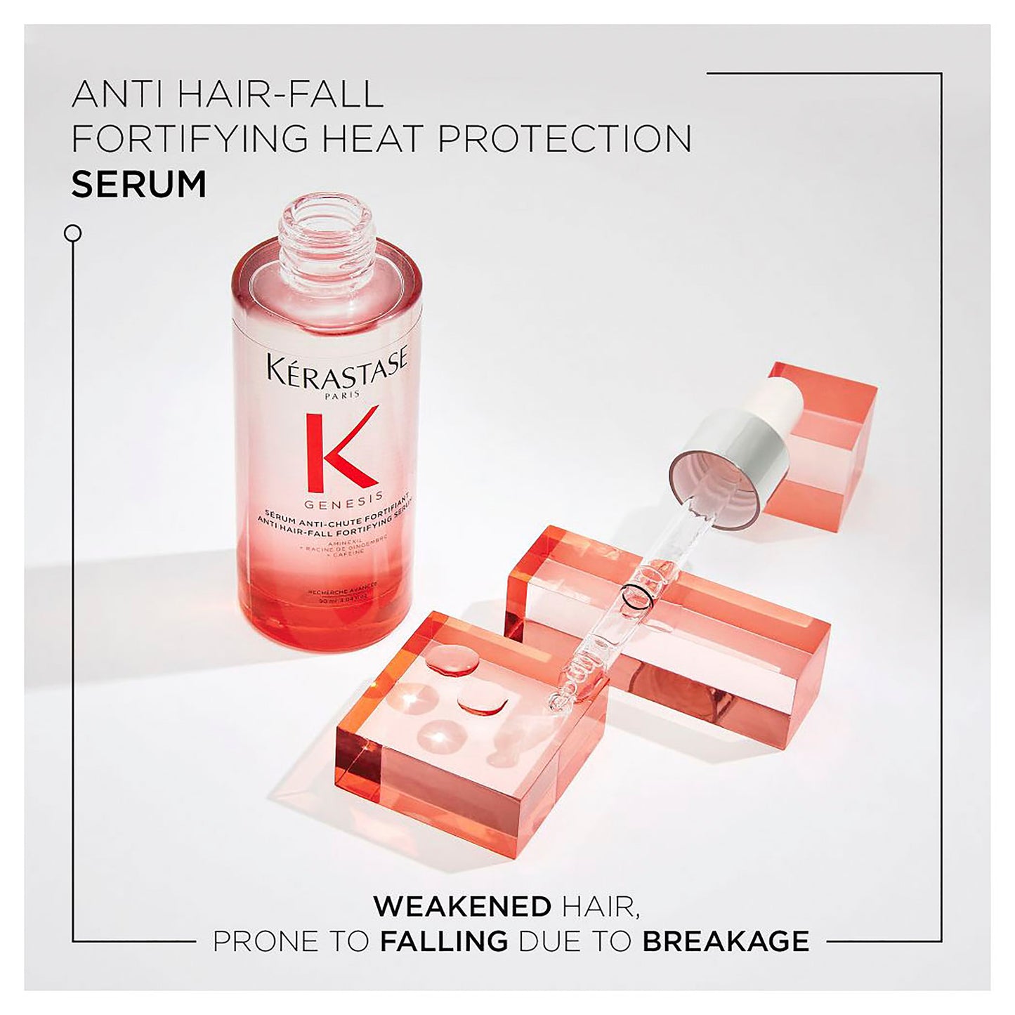 An elegant bottle of Kerestase's Genesis Serum Anti-Chute Fortifiant 90ml, complete with a dropper, is showcased on geometric pink blocks. The accompanying text highlights its heat protection and anti hair-fall benefits, particularly for weakened hair that is prone to falling due to breakage and damage.