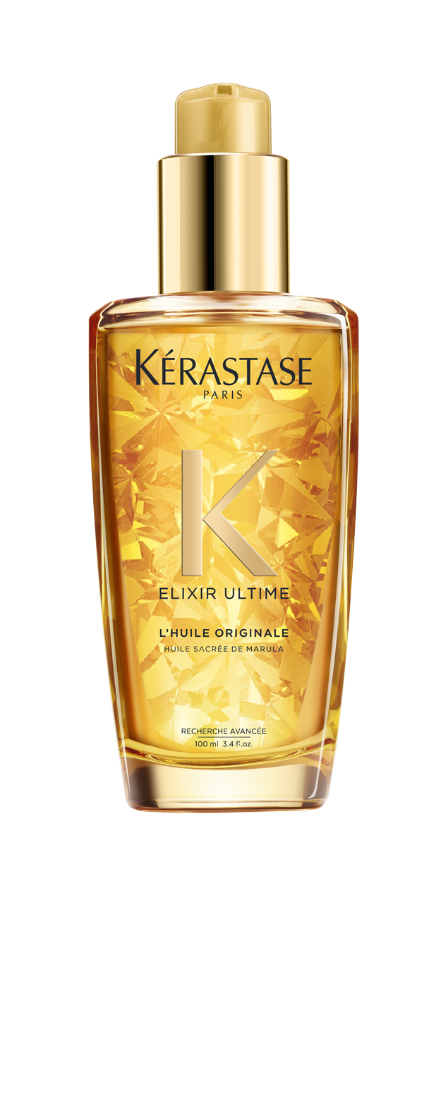 A bottle of Kerestase Elixir Ultime L'Huile Originale 100ml, beautifully crafted with a transparent design that showcases the enriching golden oil inside. Topped with a sophisticated gold cap, the label prominently features "Kerestase Paris Elixir Ultime L'Huile Originale," ensuring lavish care for your hair.
