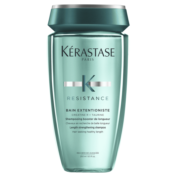 The Resistance Extentioniste Bain Extentioniste 250ml by Kerestase is enhanced with a teal cap and label. This length-strengthening shampoo features a formula enriched with creatine and taurine, making it an excellent choice for individuals desiring healthy hair growth. It's perfect for those dreaming of lush, beautiful locks.