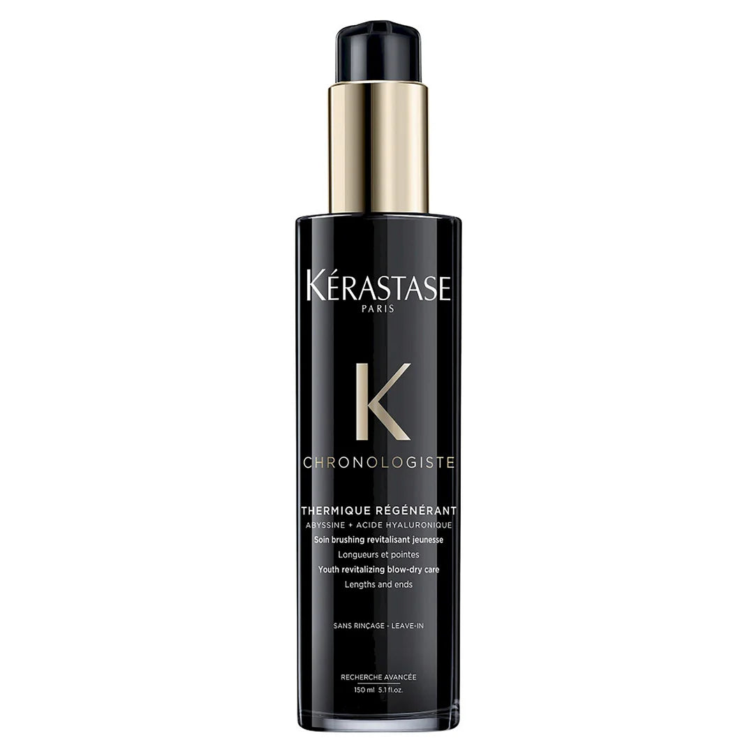 The Kérastase Chronologiste Thermique Régénérant 150ml bottle features a stylish black and gold design, emphasizing its revitalizing properties and top-quality ingredients. This cylindrical bottle, equipped with an easy-to-use pump dispenser, adds a sophisticated element to your hair care regimen.