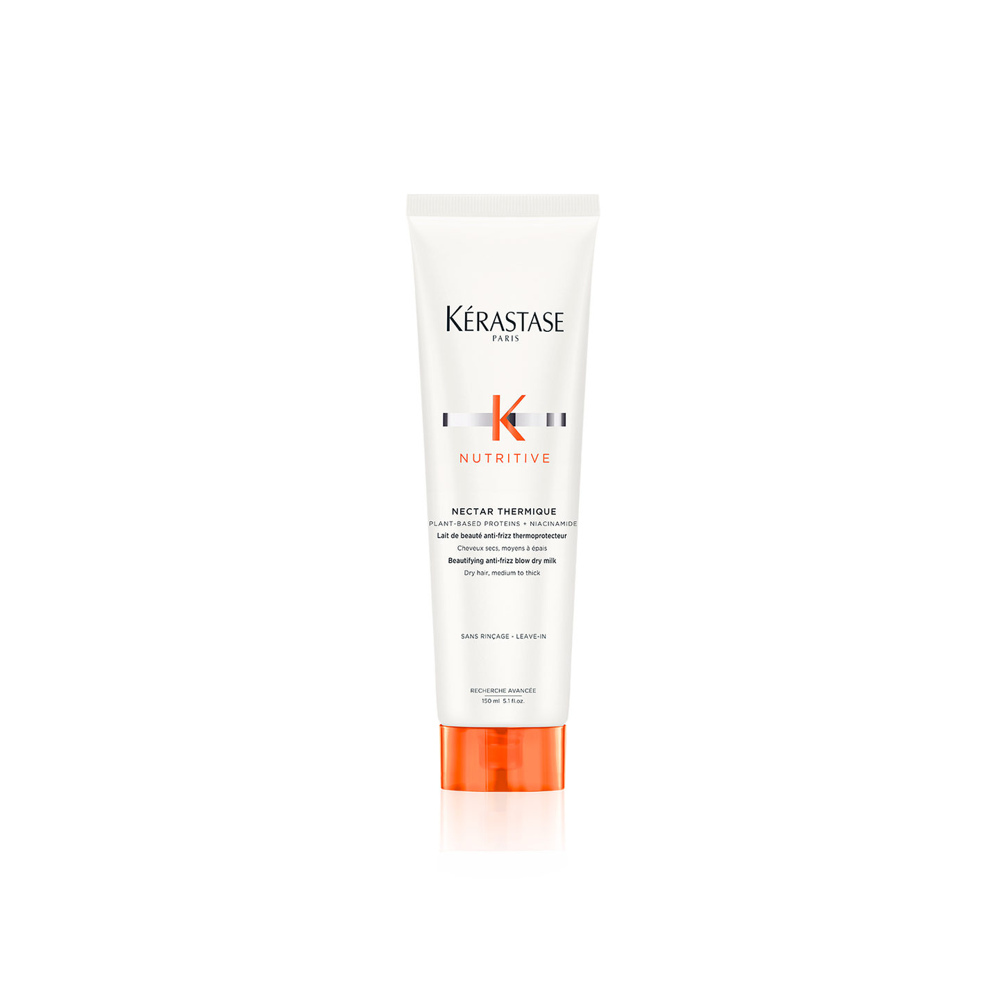 A 150ml white and orange bottle of Kerestase Nutrive Nectar Thermique blow-dry cream provides heat styling protection, featuring the brand logo and product information in black text.