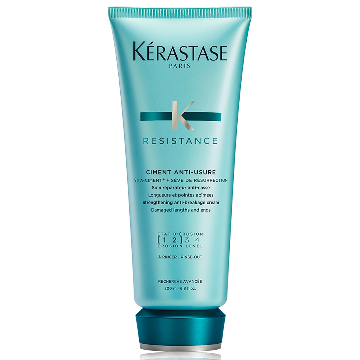 A turquoise tube of Kerestase Resistance Ciment Anti-Usure 200ml, complete with a metallic cap, beautifully highlights its function as a strengthening anti-breakage cream. Perfect for damaged lengths and ends, this product assures revitalized hair.