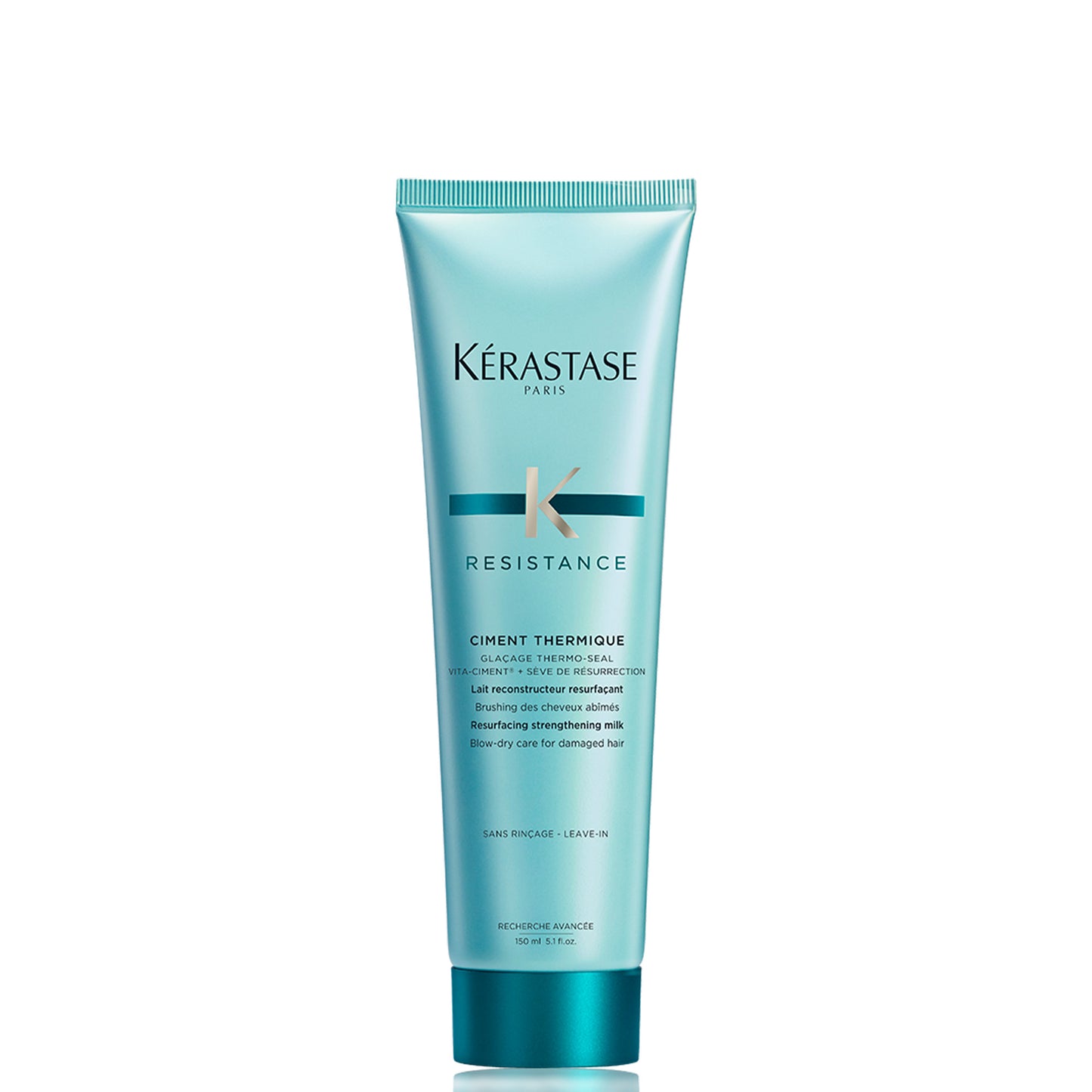 The Kérastase Resistance Ciment Thermique 150ml comes in a turquoise tube with an elegant design featuring the brand logo and product details in white and green text. This leave-in treatment efficiently strengthens damaged hair, revitalizing your locks and making them resilient.