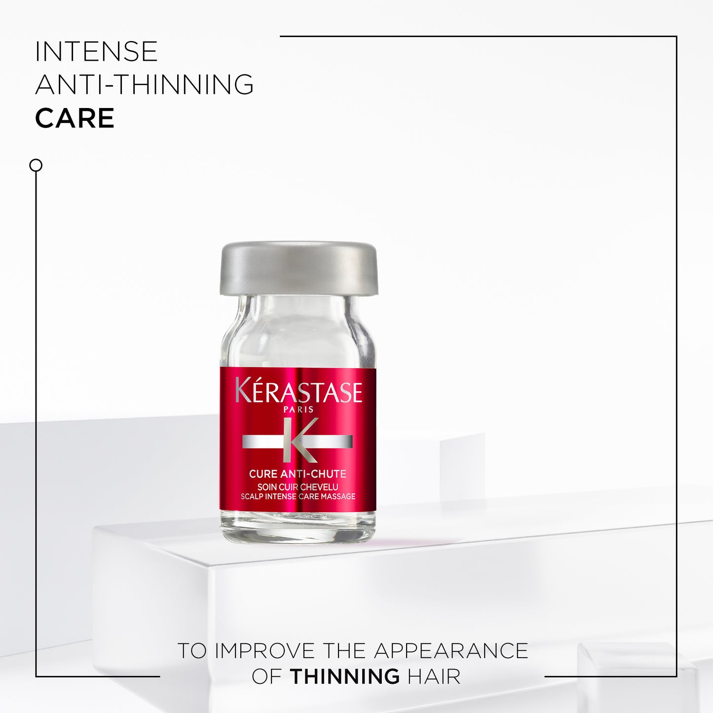A product image features a small vial of Kérastase Specifique Cure Anti-Chute 42x6ml, expertly crafted for intense anti-thinning care. The vial's striking red label contrasts beautifully against the minimalistic white background, clearly highlighting its revitalizing purpose.