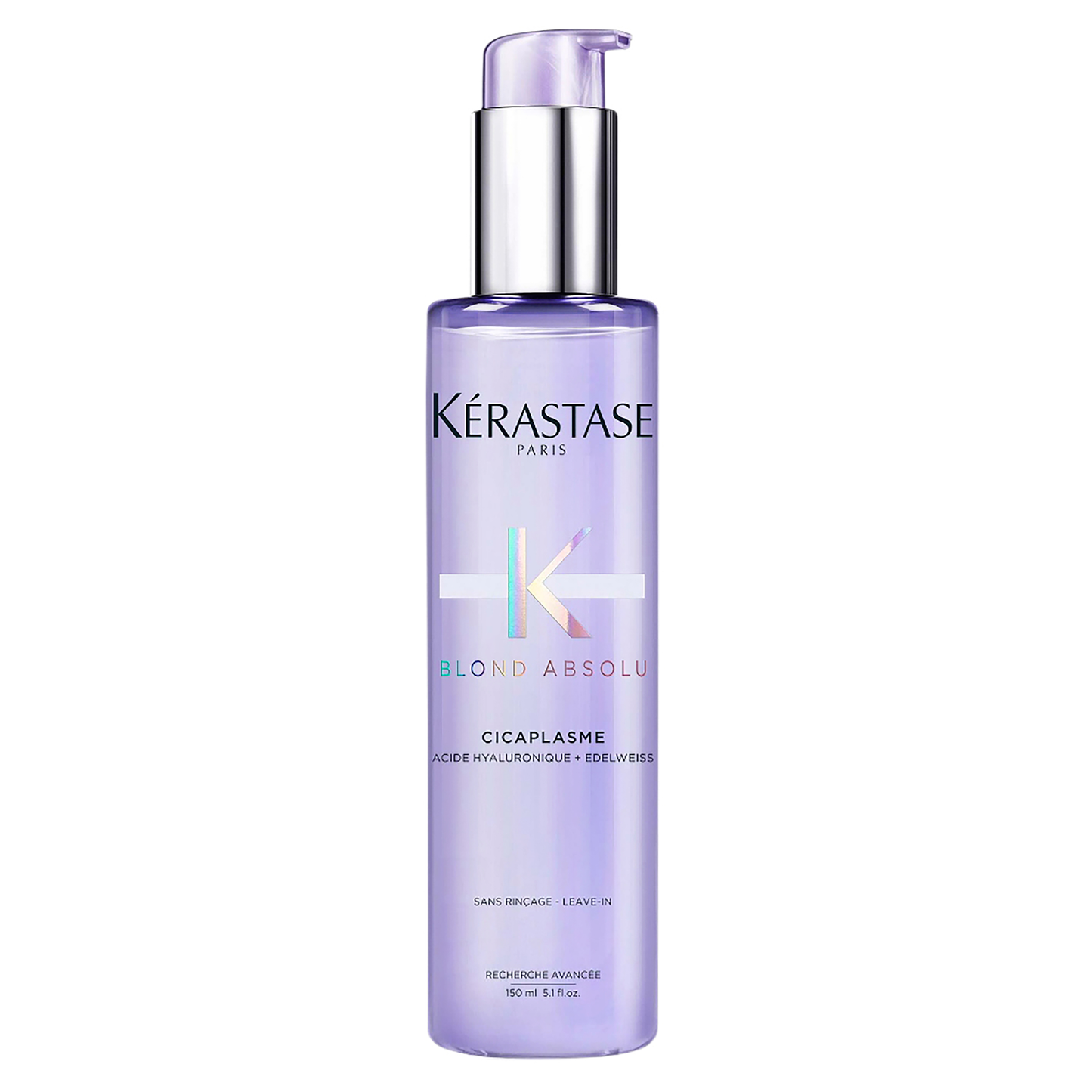 A stylish bottle of Kerestase Blond Absolu Cicaplasme featuring a pump dispenser in a 150 ml (5.1 fl oz) size, ideal for leave-in application. It is enriched with hyaluronic acid and edelweiss for exceptional nourishment.